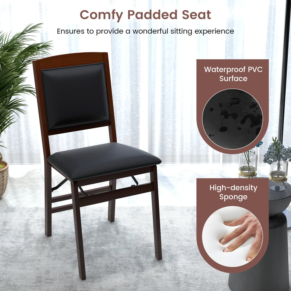 Set of 2 Folding Dining Chairs with Padded Seat and High Backrest-Brown-Dining Chairs-DECOROLALA