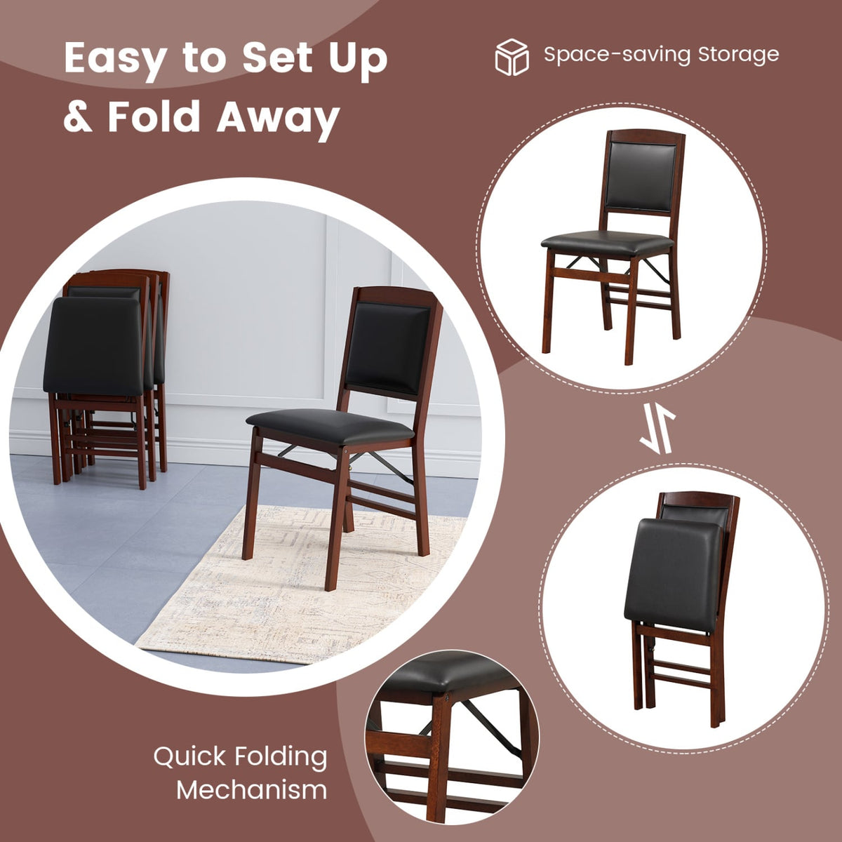 Set of 2 Folding Dining Chairs with Padded Seat and High Backrest-Brown-Dining Chairs-DECOROLALA