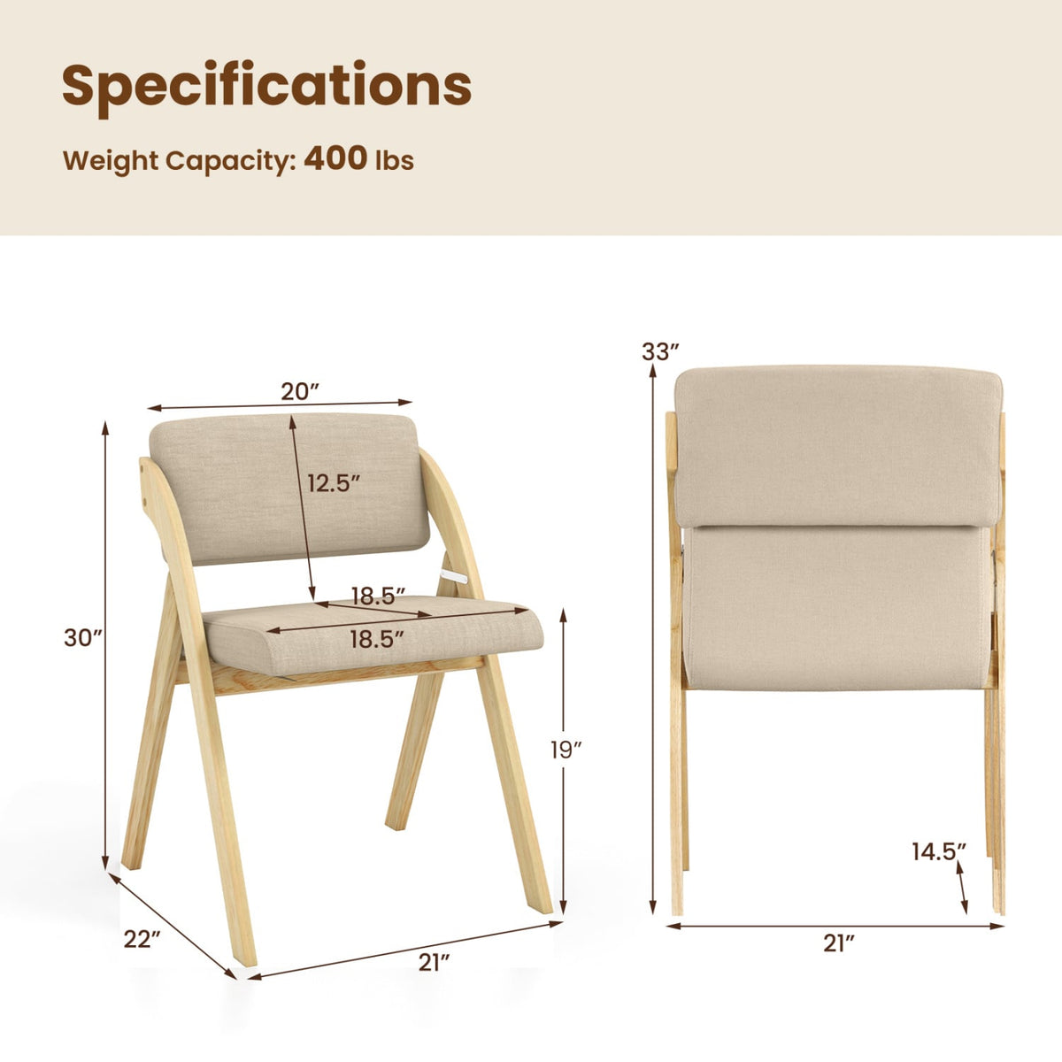 Set of 2 Folding Kitchen Dining Chairs with Rubber Wood Legs-Natural-Dining Chairs-DECOROLALA