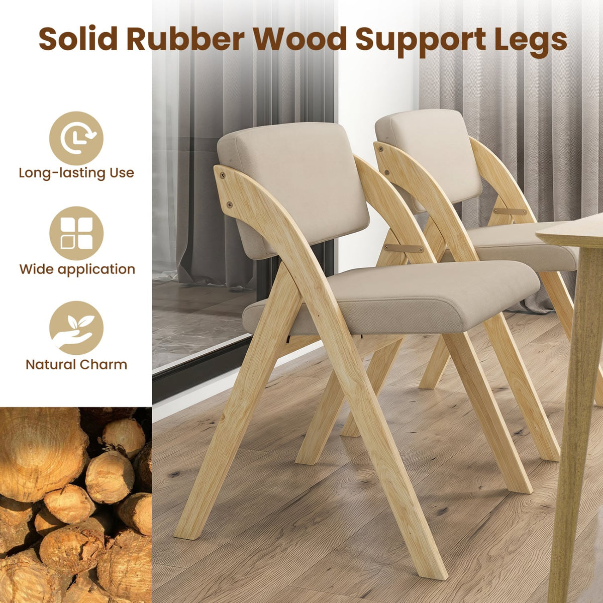 Set of 2 Folding Kitchen Dining Chairs with Rubber Wood Legs-Natural-Dining Chairs-DECOROLALA