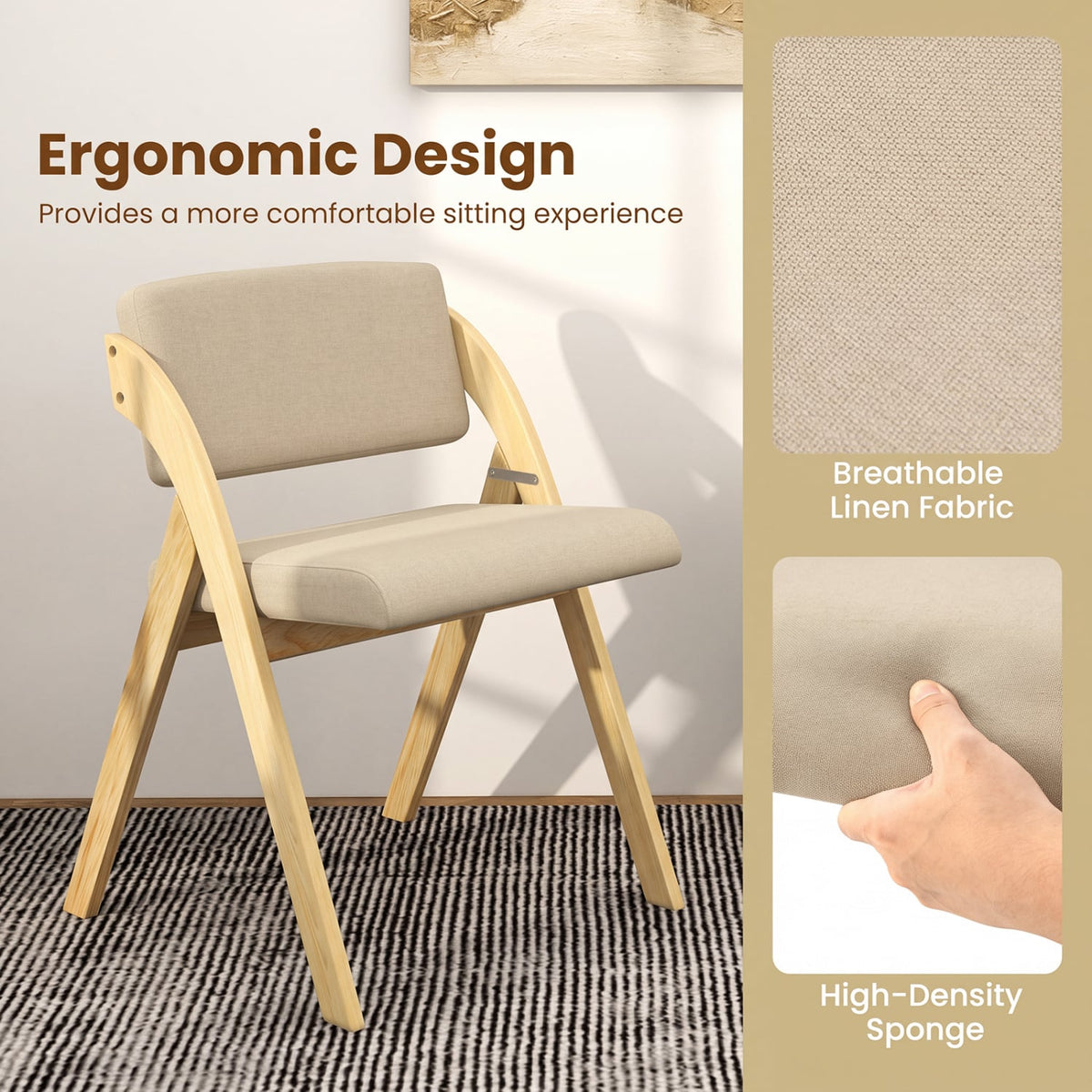 Set of 2 Folding Kitchen Dining Chairs with Rubber Wood Legs-Natural-Dining Chairs-DECOROLALA
