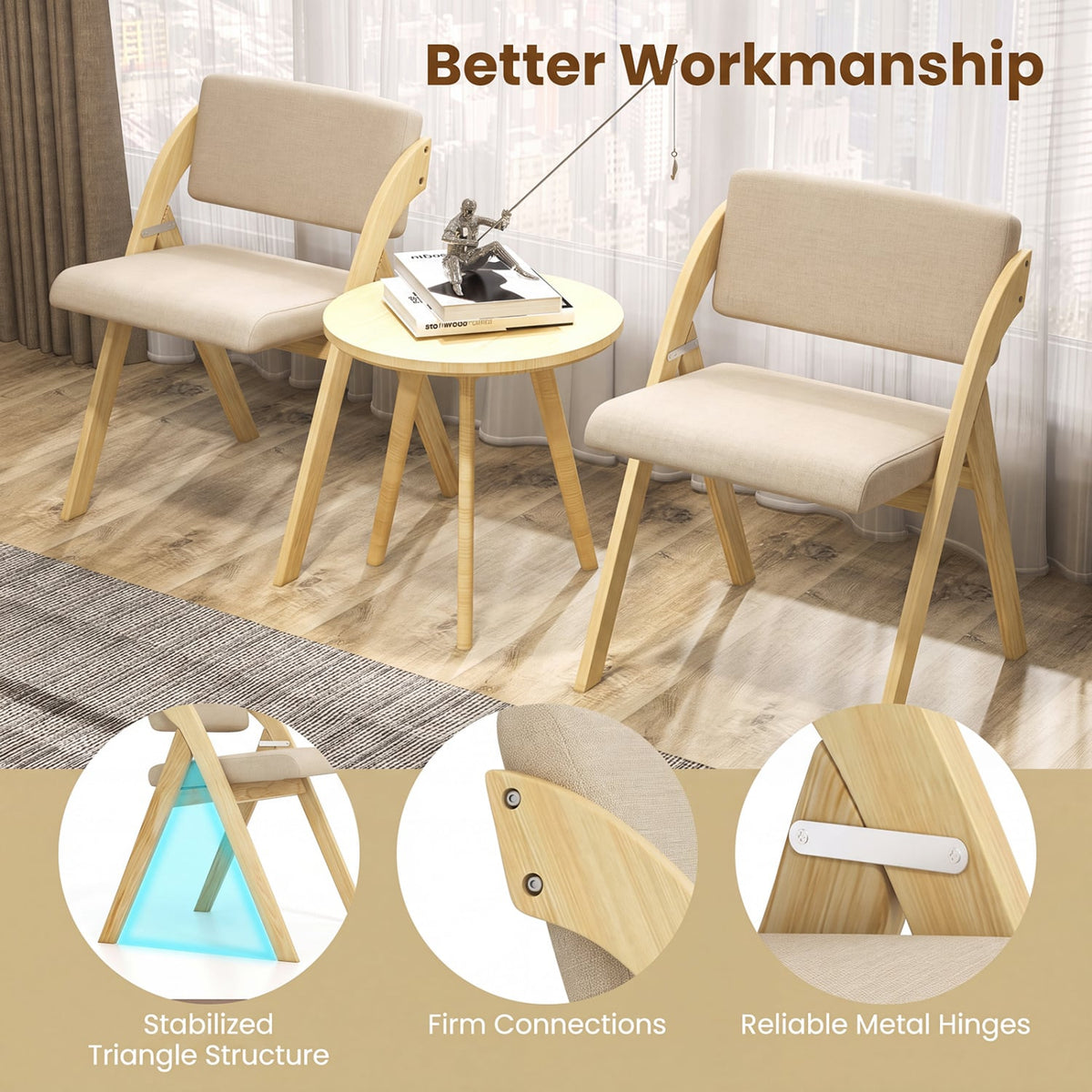 Set of 2 Folding Kitchen Dining Chairs with Rubber Wood Legs-Natural-Dining Chairs-DECOROLALA