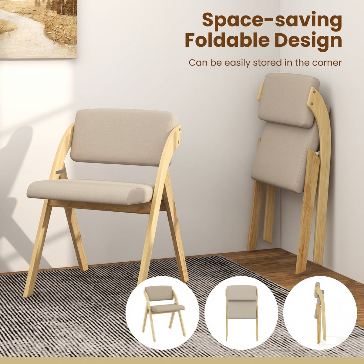 Set of 2 Folding Kitchen Dining Chairs with Rubber Wood Legs-Natural-Dining Chairs-DECOROLALA