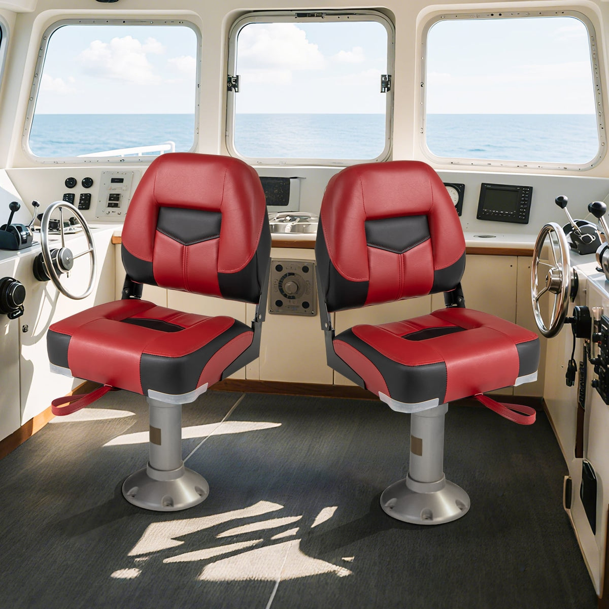 Set of 2 Folding Low Back Fishing Boat Seats with Stainless Steel Screws-Red-Swimming-DECOROLALA