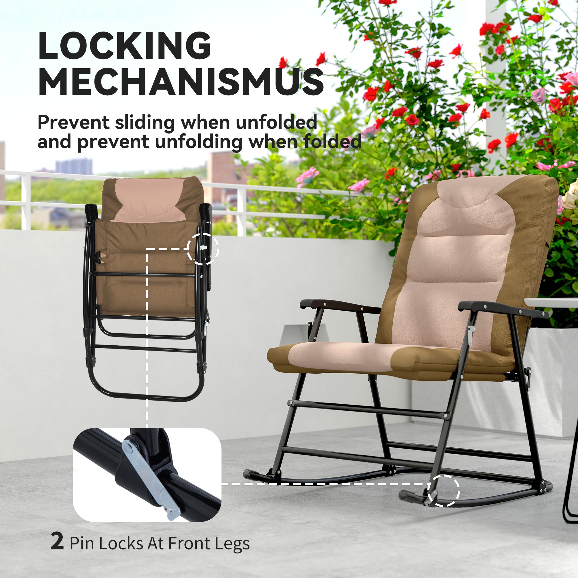 Set of 2 Folding Rocking Chairs - Light Brown Padded Outdoor-DECOROLALA