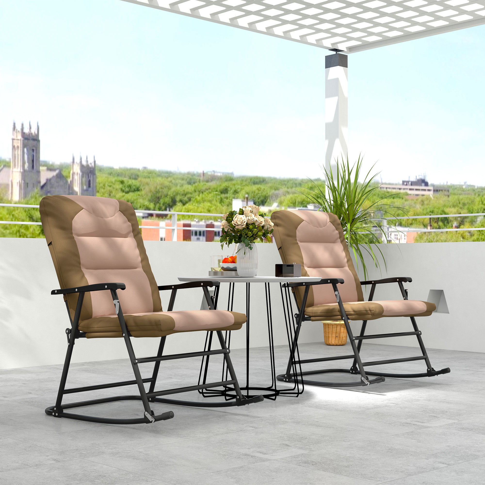 Set of 2 Folding Rocking Chairs - Light Brown Padded Outdoor-DECOROLALA