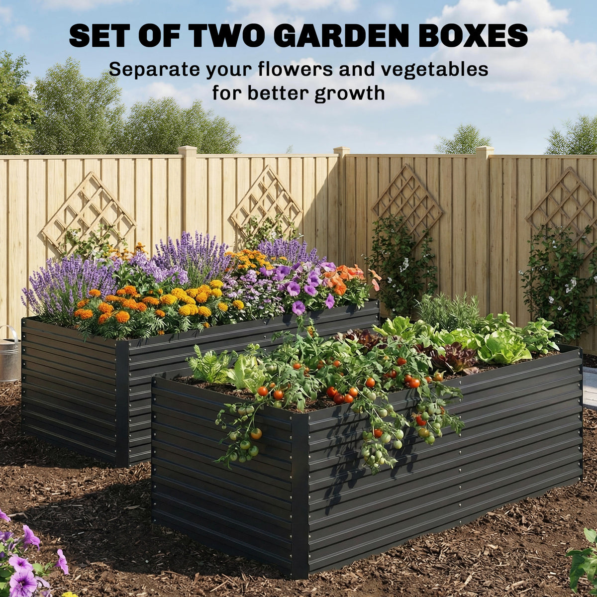 Set of 2 Galvanised Raised Garden Bed Dark Grey-Raised Garden Beds-DECOROLALA