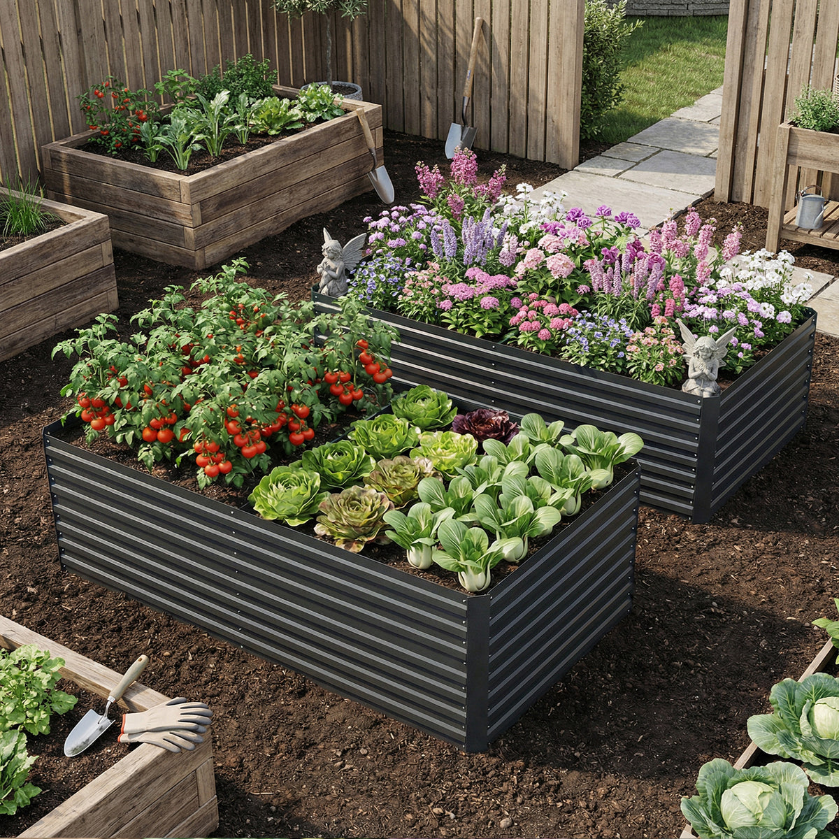 Set of 2 Galvanised Raised Garden Bed Dark Grey-Raised Garden Beds-DECOROLALA