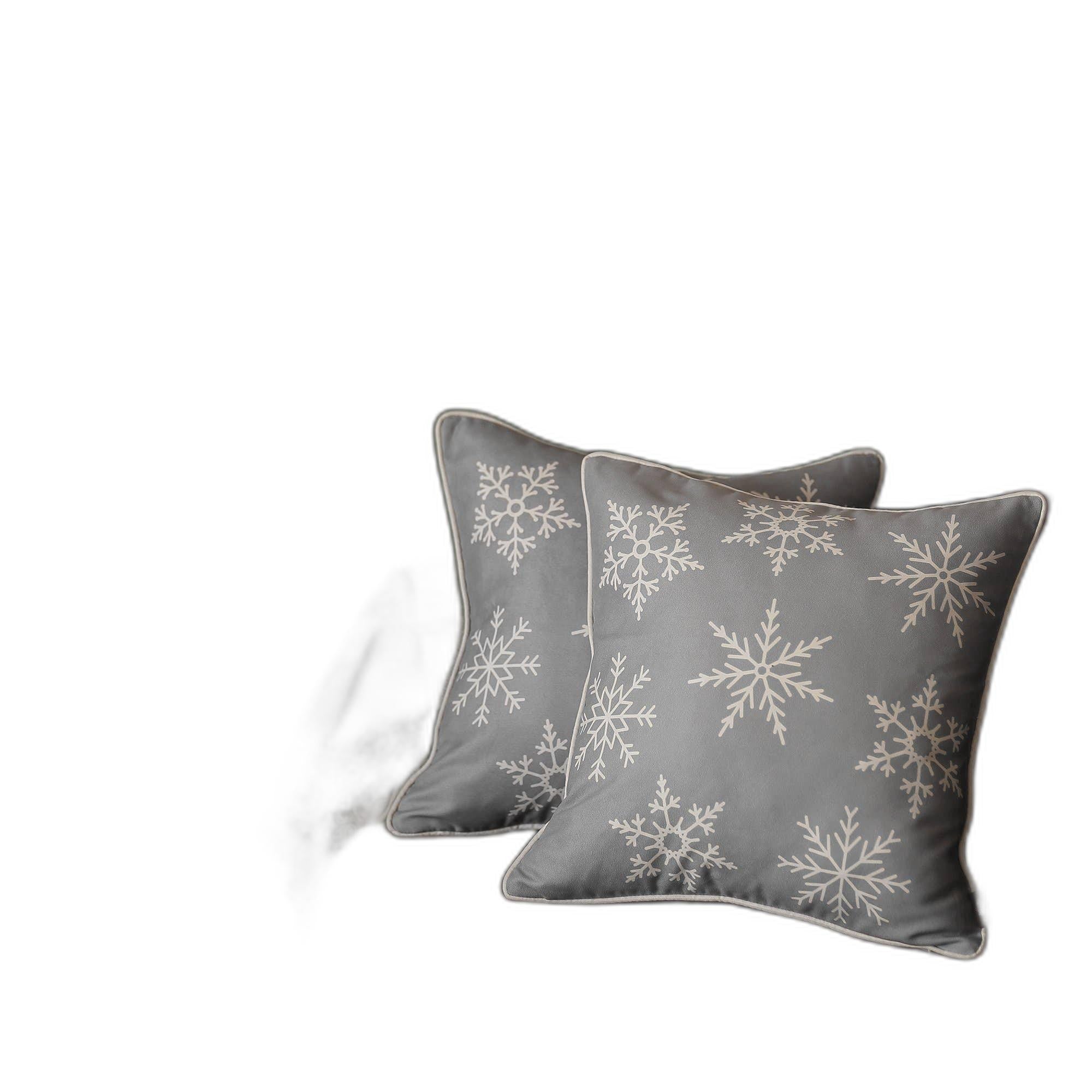 Set of 2 Gray and White Snowflakes Throw Pillows-Accent Throw Pillows-DECOROLALA