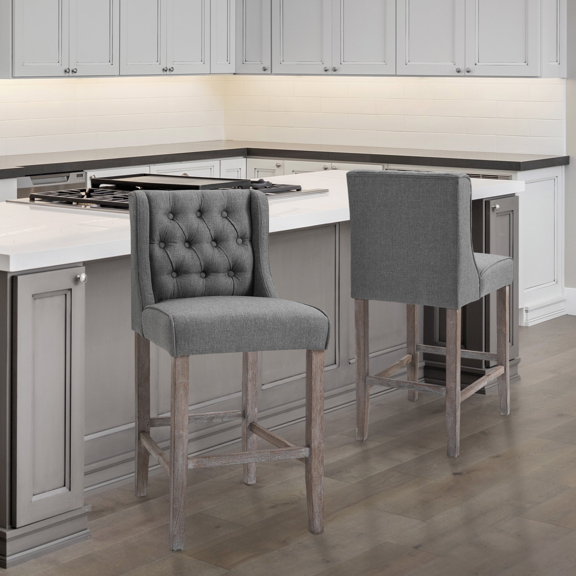 Set of 2 Grey 40" Button Tufted Bar Stools High Dining Chairs-DECOROLALA