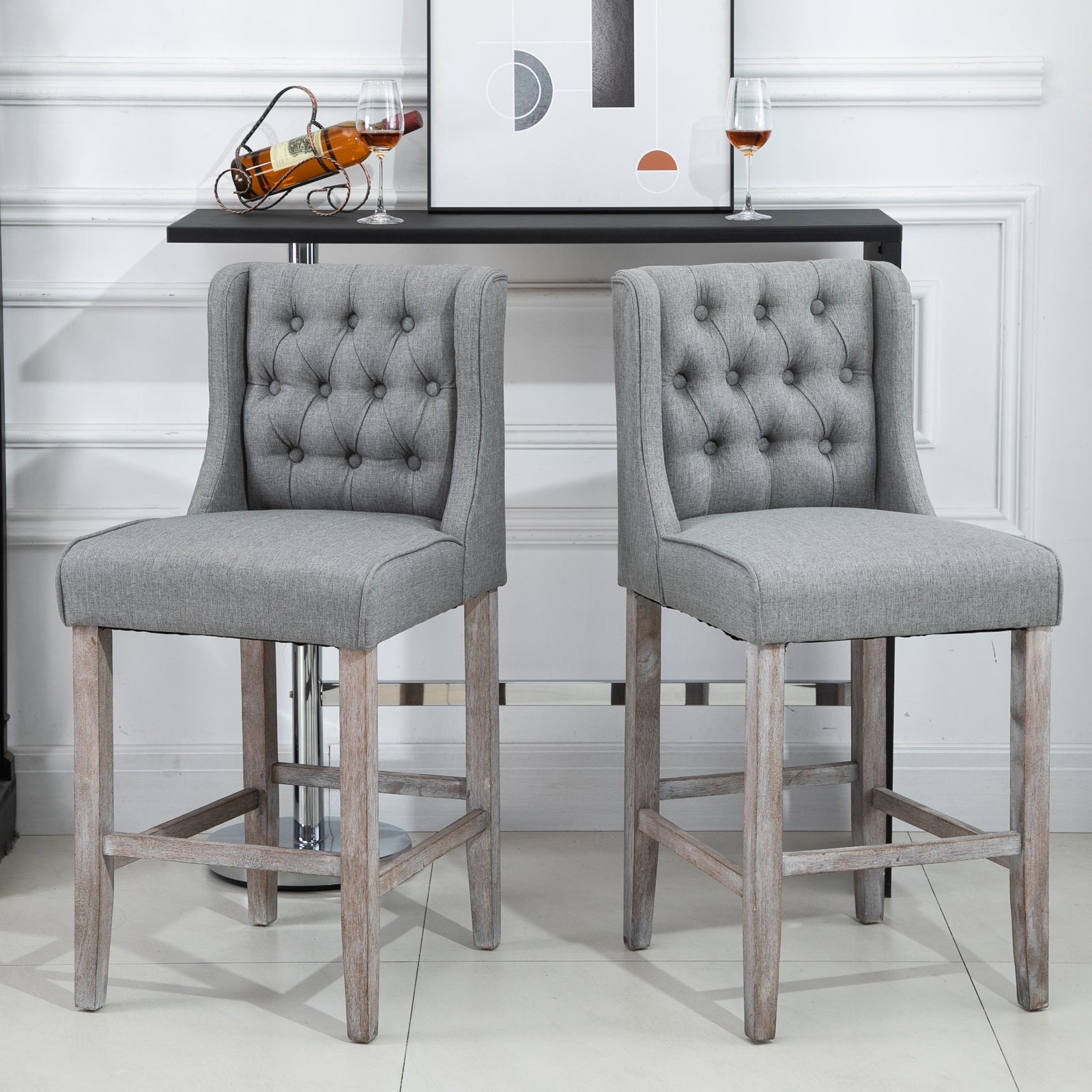 Set of 2 Grey 40" Button Tufted Bar Stools High Dining Chairs-DECOROLALA