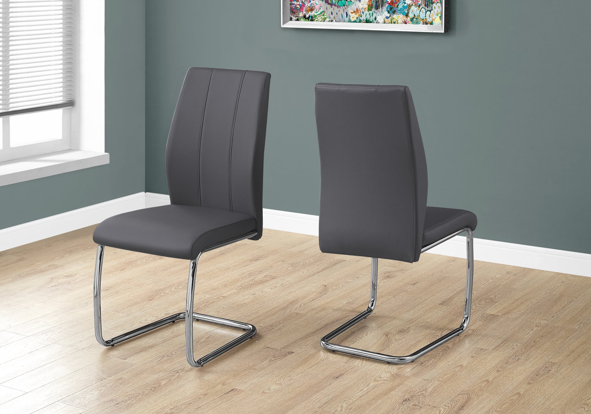 Set of 2 Grey Fabric Dining Chairs 39"H Chrome Legs-Dining Chair-DECOROLALA