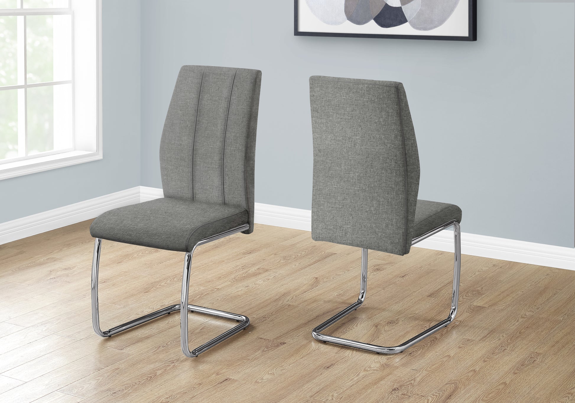 Set of 2 Grey Fabric Dining Chairs 39"H Chrome Legs-Dining Chair-DECOROLALA