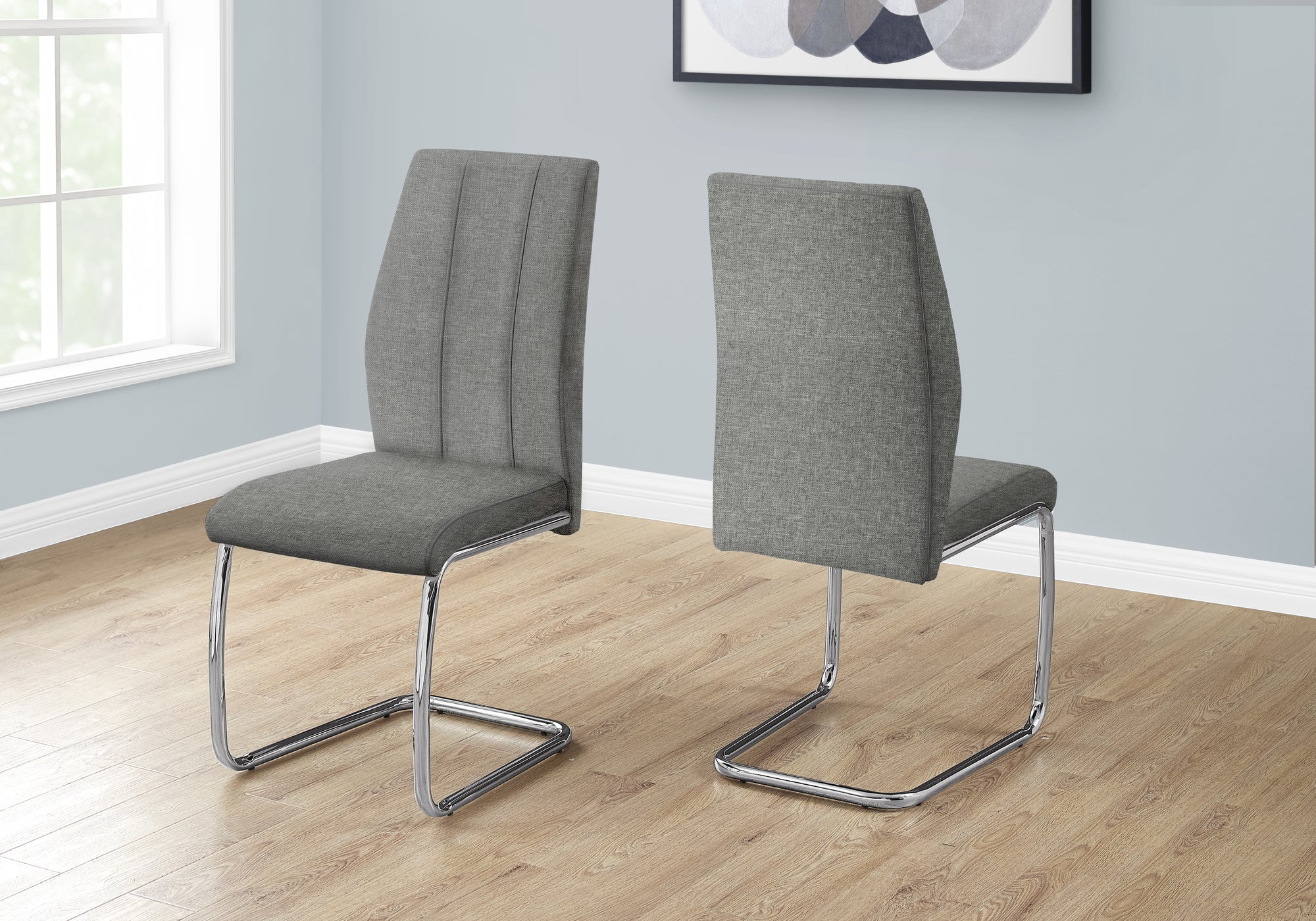 Set of 2 Grey Fabric Dining Chairs 39"H Chrome Legs-Dining Chair-DECOROLALA