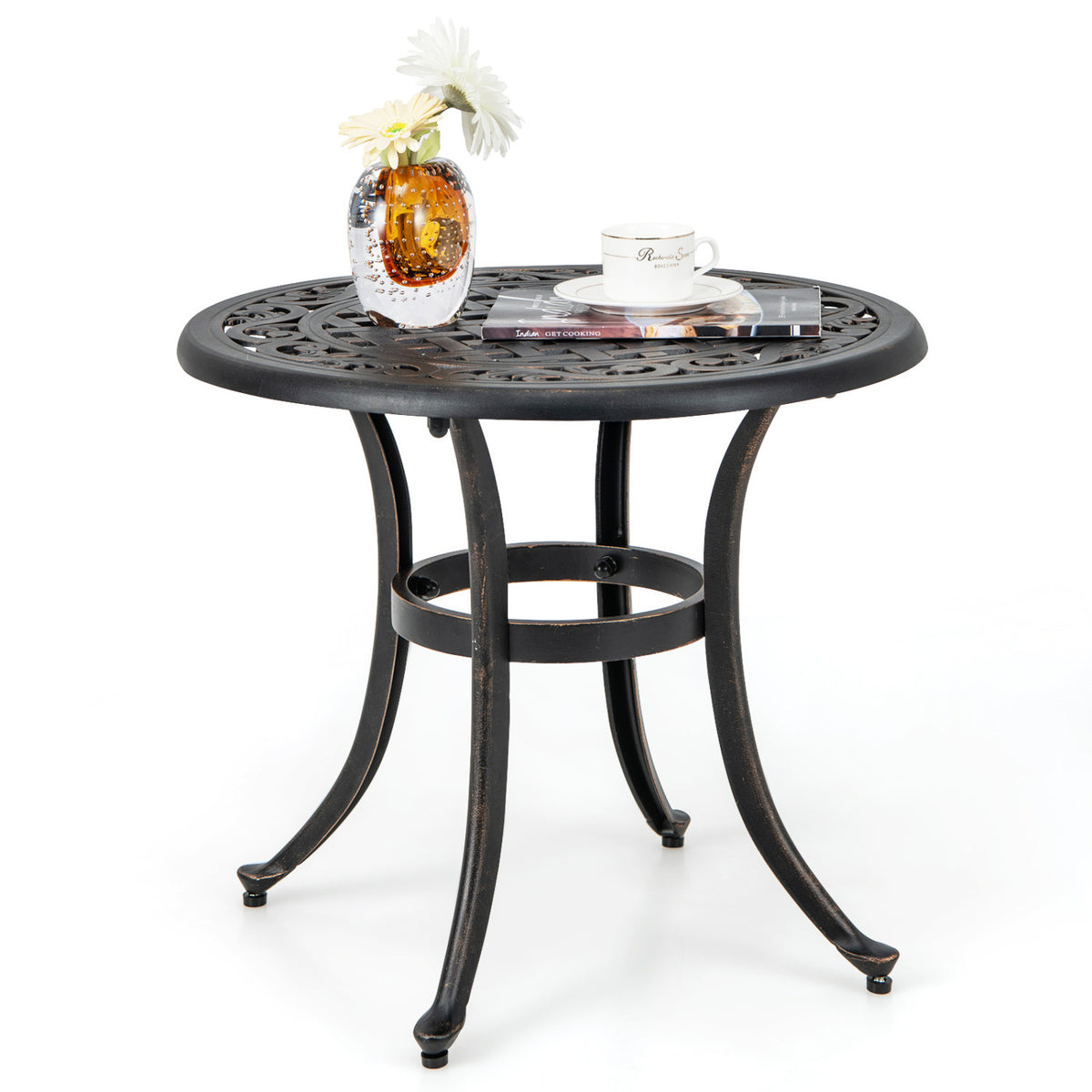 Set of 2 Heavy-Duty Outdoor Aluminum Side Table with Adjustable Footpads for Patio-Antique Brown-Patio Coffee Tables-DECOROLALA
