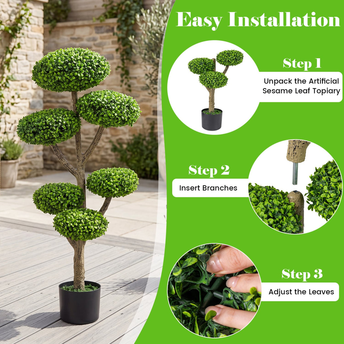 Set of 2 Indoor Outdoor 6 Balls Topiary Tree with Realistic Trunk and Weighted Cement-Filled Base-Artificial Plants-DECOROLALA