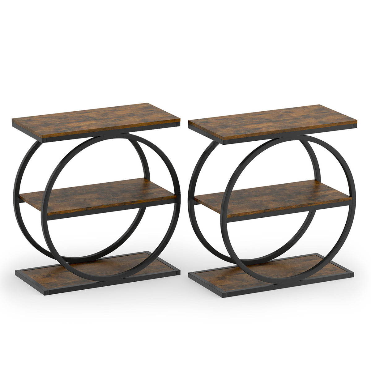 Set of 2 Industrial Faux Marble Side Table with Metal Frame for Small Spaces-Rustic Brown-End & Side Tables-DECOROLALA