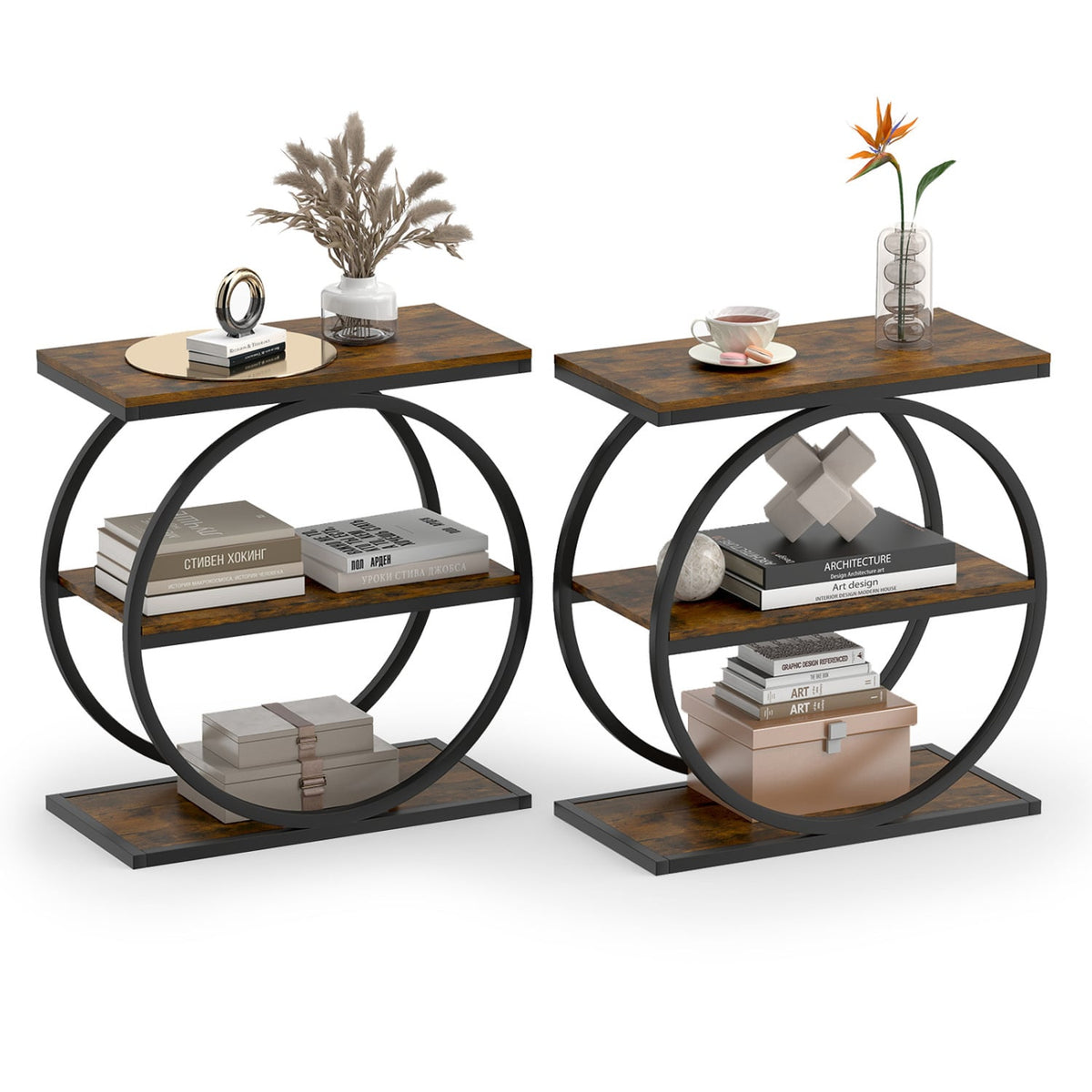 Set of 2 Industrial Faux Marble Side Table with Metal Frame for Small Spaces-Rustic Brown-End & Side Tables-DECOROLALA