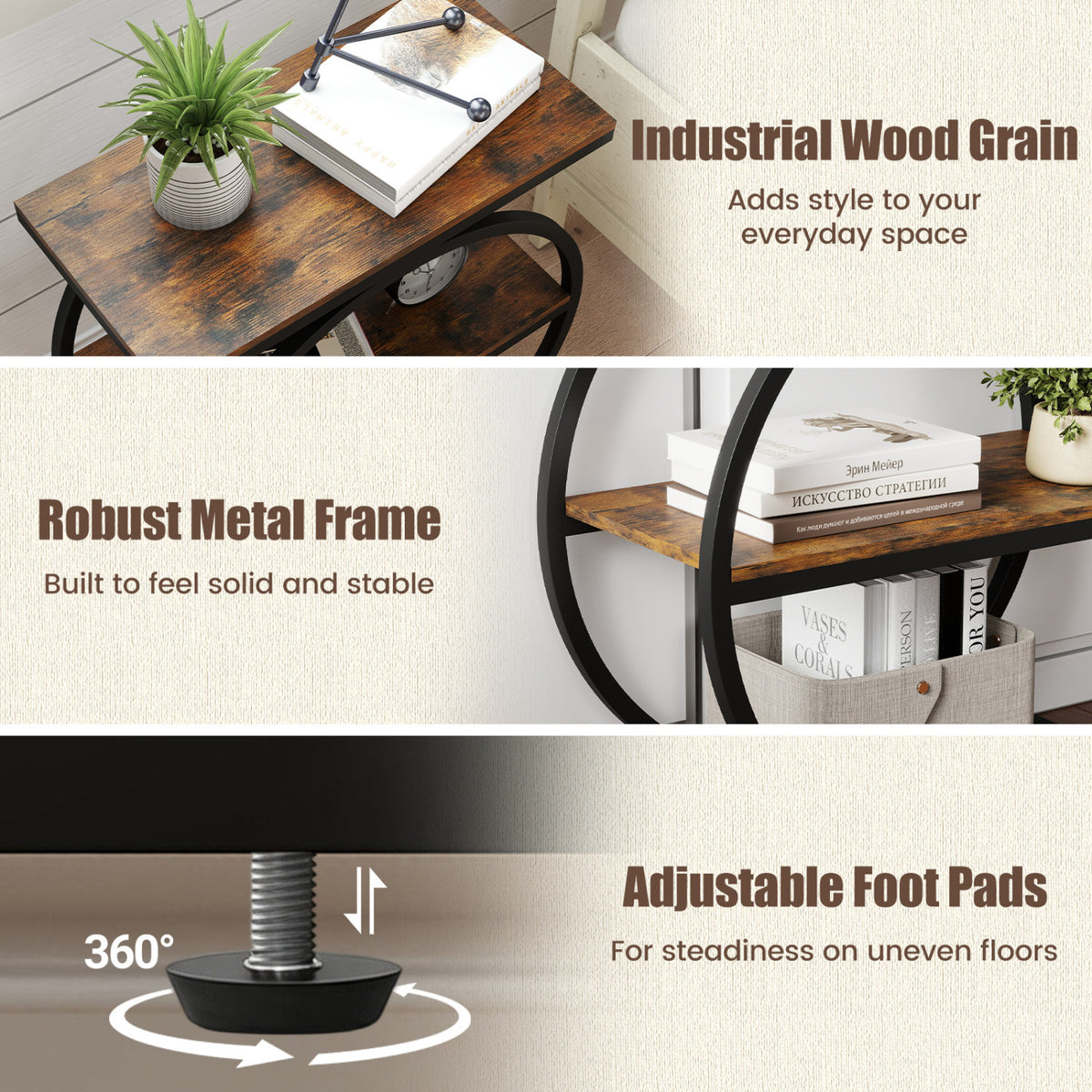 Set of 2 Industrial Faux Marble Side Table with Metal Frame for Small Spaces-Rustic Brown-End & Side Tables-DECOROLALA