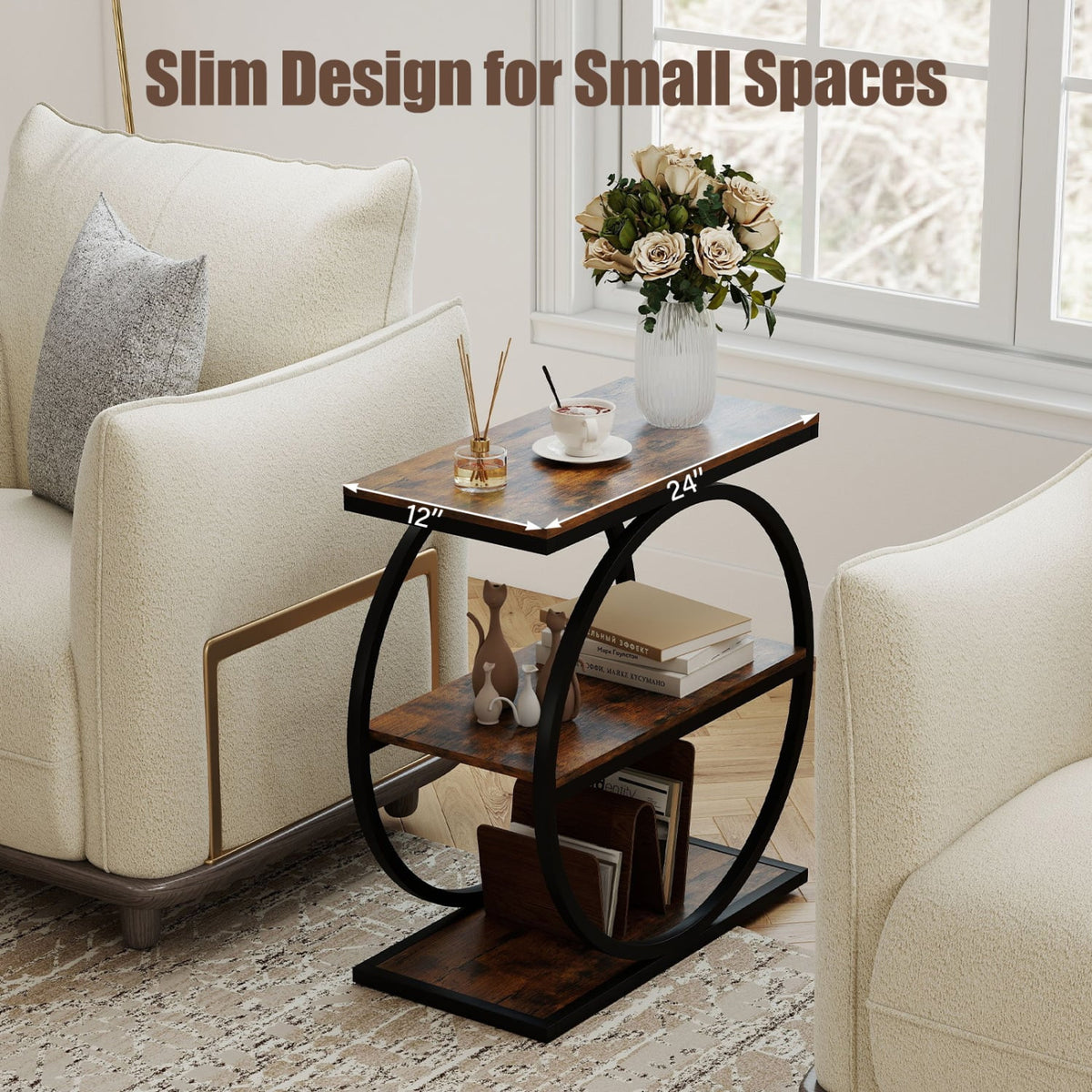 Set of 2 Industrial Faux Marble Side Table with Metal Frame for Small Spaces-Rustic Brown-End & Side Tables-DECOROLALA
