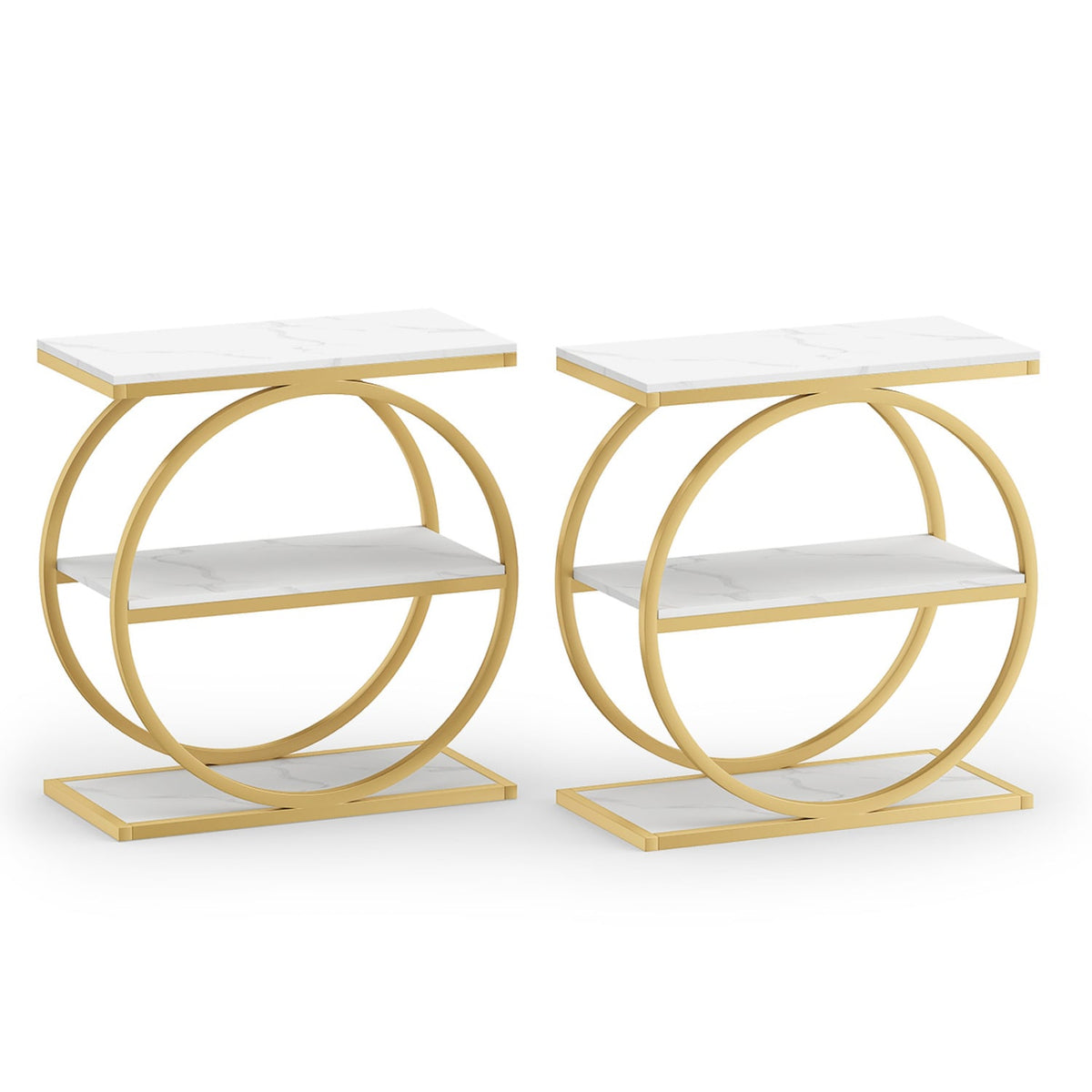 Set of 2 Industrial Faux Marble Side Table with Metal Frame for Small Spaces-White-End & Side Tables-DECOROLALA