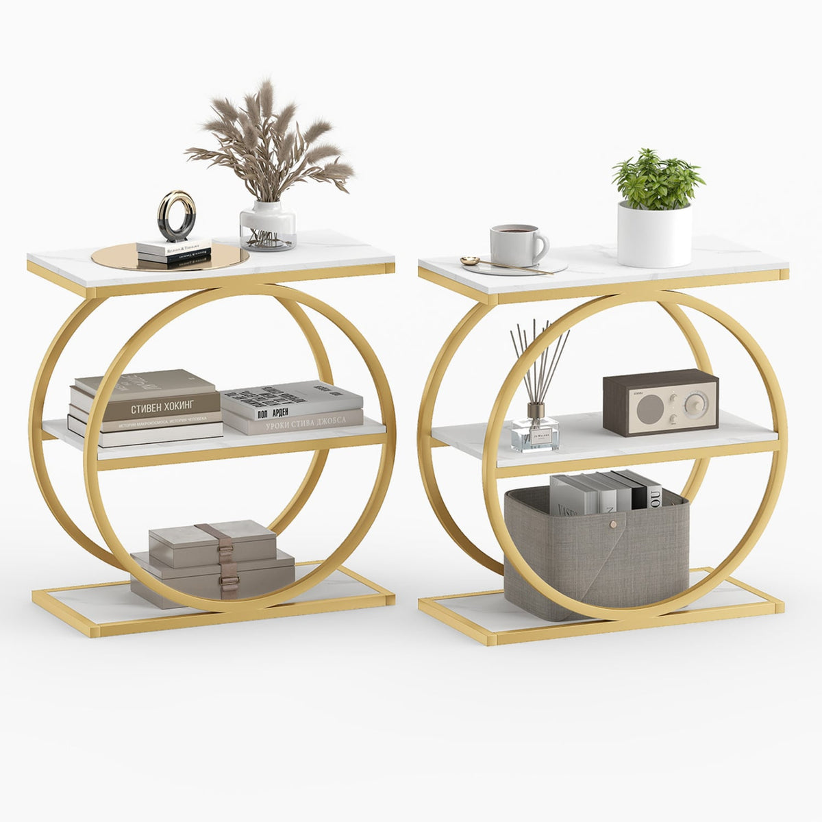 Set of 2 Industrial Faux Marble Side Table with Metal Frame for Small Spaces-White-End & Side Tables-DECOROLALA