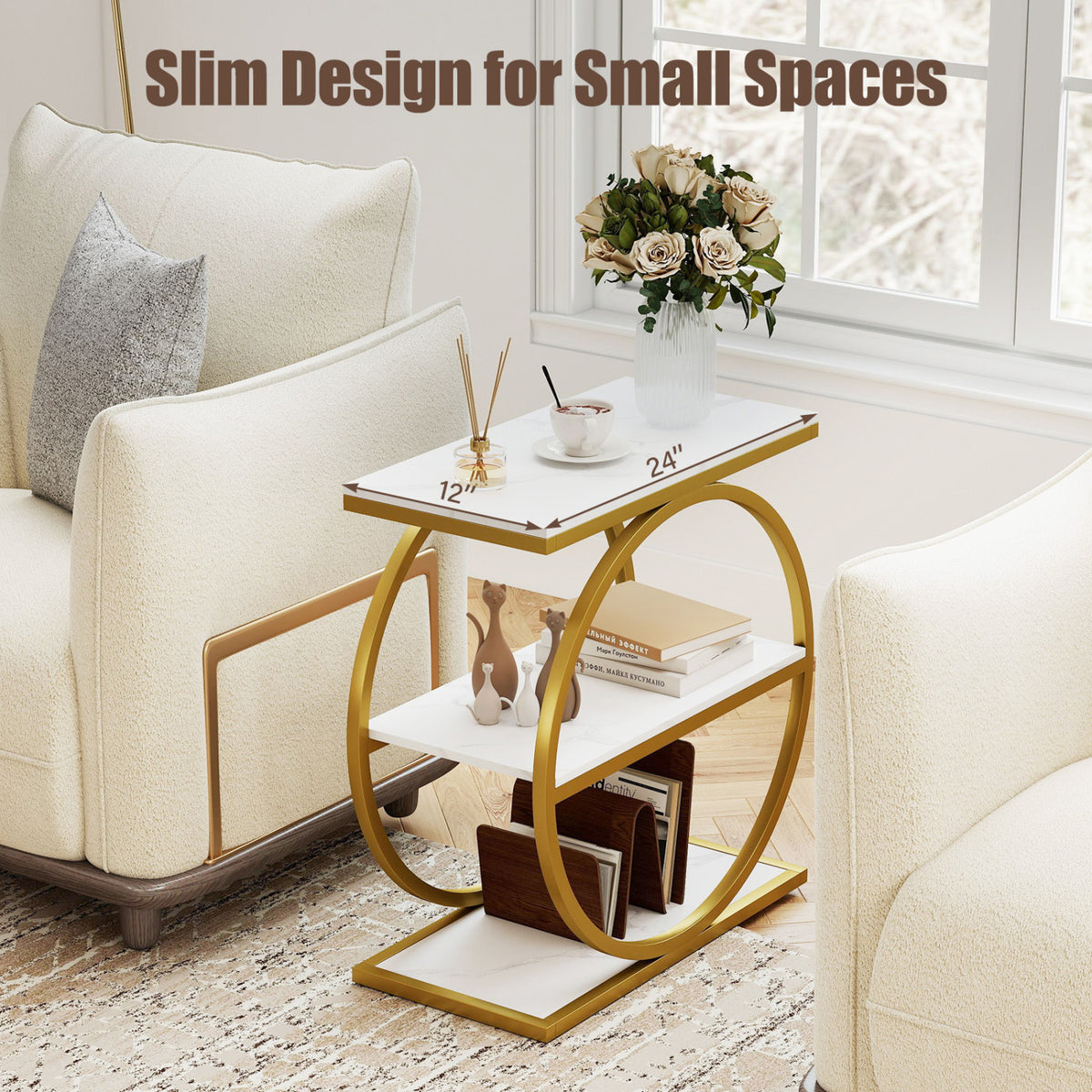 Set of 2 Industrial Faux Marble Side Table with Metal Frame for Small Spaces-White-End & Side Tables-DECOROLALA