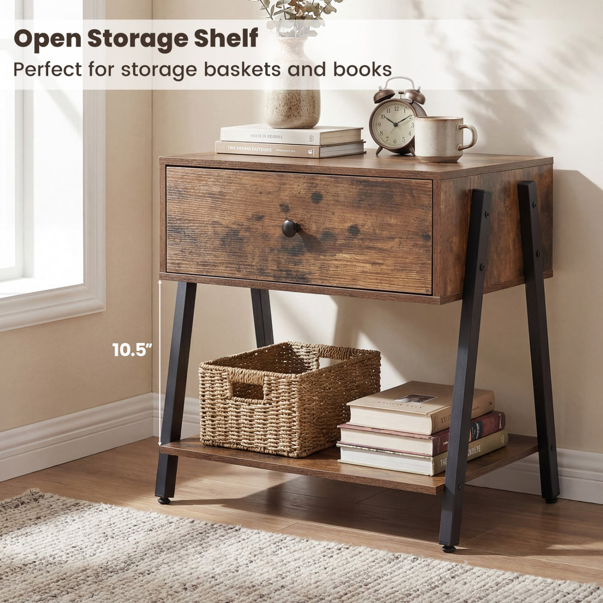 Set of 2 Industrial Nightstand with Adjustable Foot Pads for Bedroom-Rustic Brown-Nightstands-DECOROLALA
