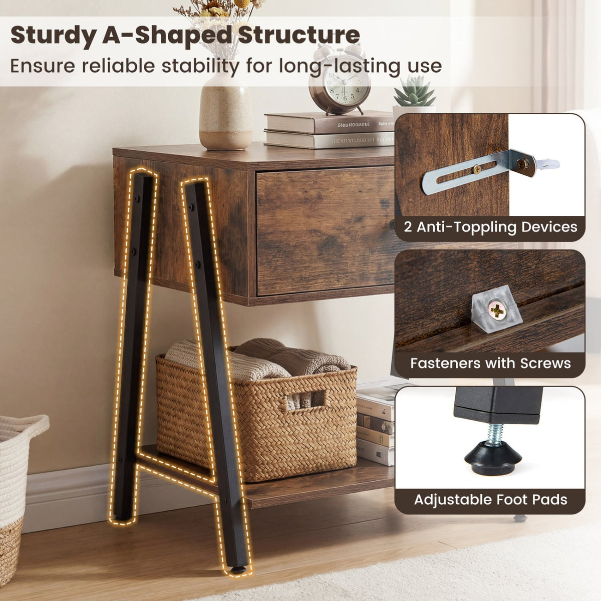 Set of 2 Industrial Nightstand with Adjustable Foot Pads for Bedroom-Rustic Brown-Nightstands-DECOROLALA