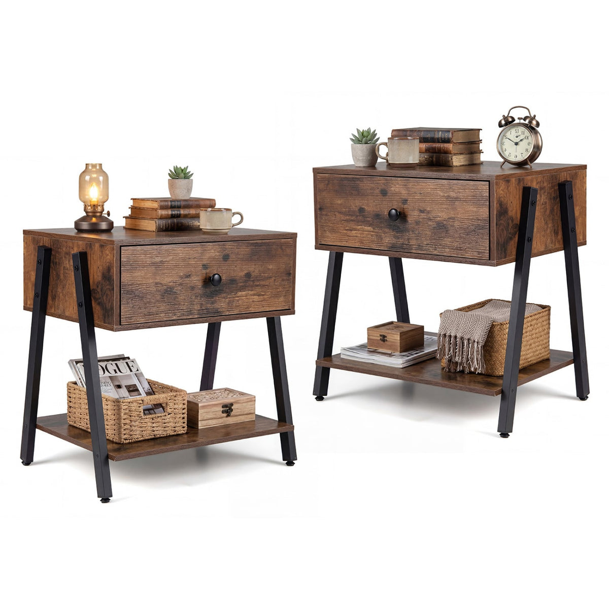 Set of 2 Industrial Nightstand with Adjustable Foot Pads for Bedroom-Rustic Brown-Nightstands-DECOROLALA