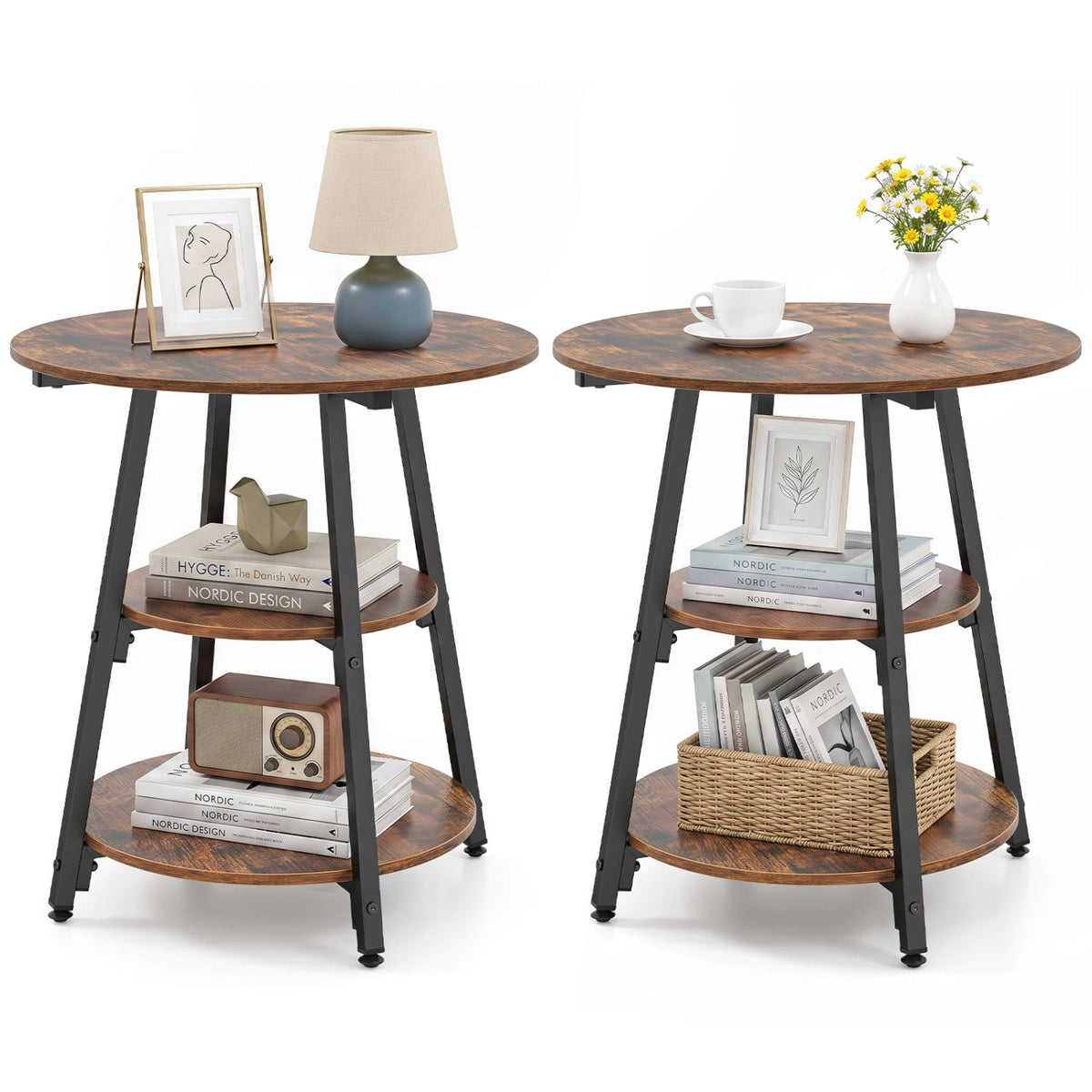 Set of 2 Industrial Side Tables with 3-Tier Shelves & Metal Frame for Small Space-Rustic Brown-End & Side Tables-DECOROLALA