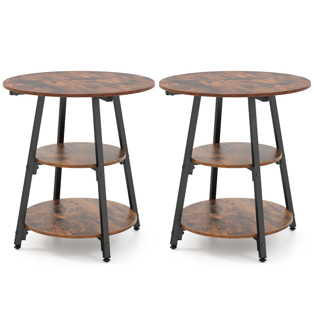 Set of 2 Industrial Side Tables with 3-Tier Shelves & Metal Frame for Small Space-Rustic Brown-End & Side Tables-DECOROLALA