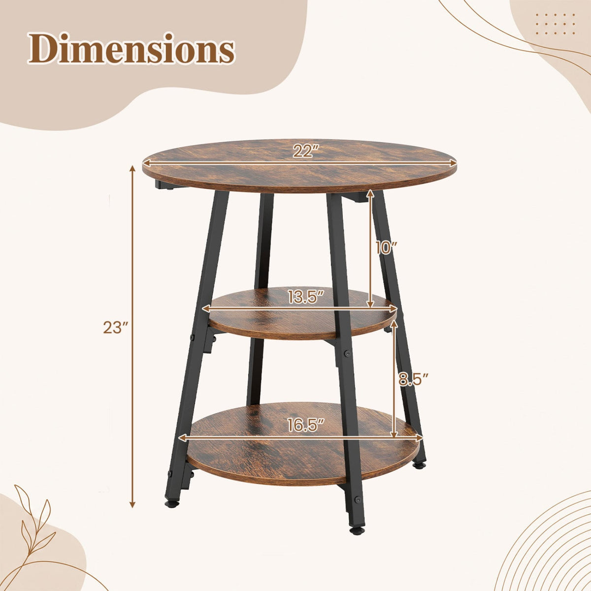 Set of 2 Industrial Side Tables with 3-Tier Shelves & Metal Frame for Small Space-Rustic Brown-End & Side Tables-DECOROLALA