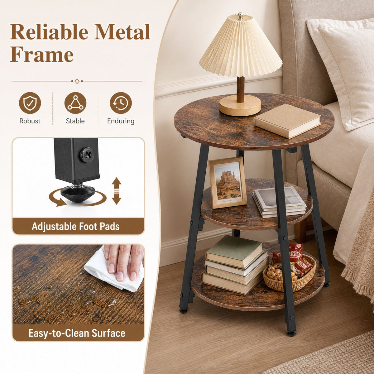 Set of 2 Industrial Side Tables with 3-Tier Shelves & Metal Frame for Small Space-Rustic Brown-End & Side Tables-DECOROLALA