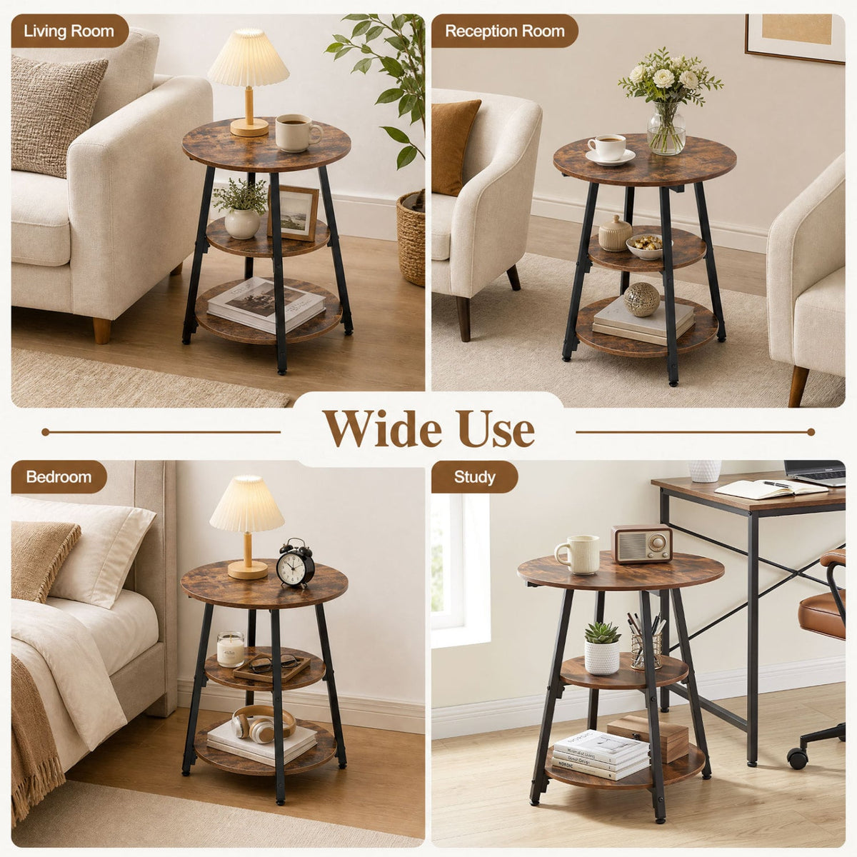 Set of 2 Industrial Side Tables with 3-Tier Shelves & Metal Frame for Small Space-Rustic Brown-End & Side Tables-DECOROLALA