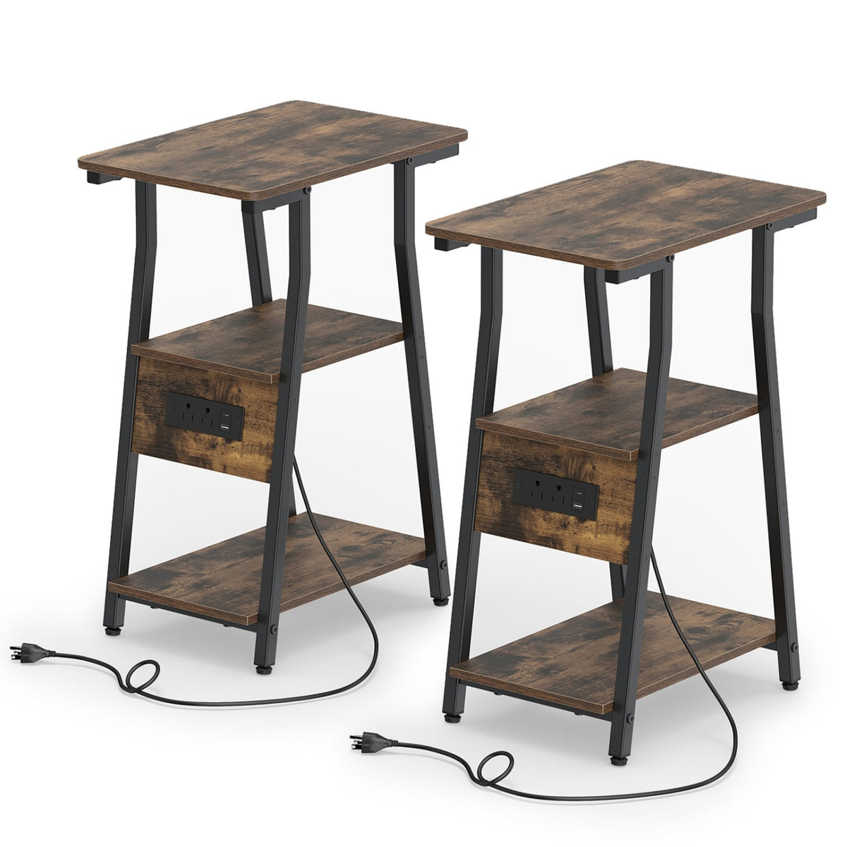 Set of 2 Industrial Side Tables with Charging Station & 3-Tier Shelves for Small Space-Rustic Brown-End & Side Tables-DECOROLALA