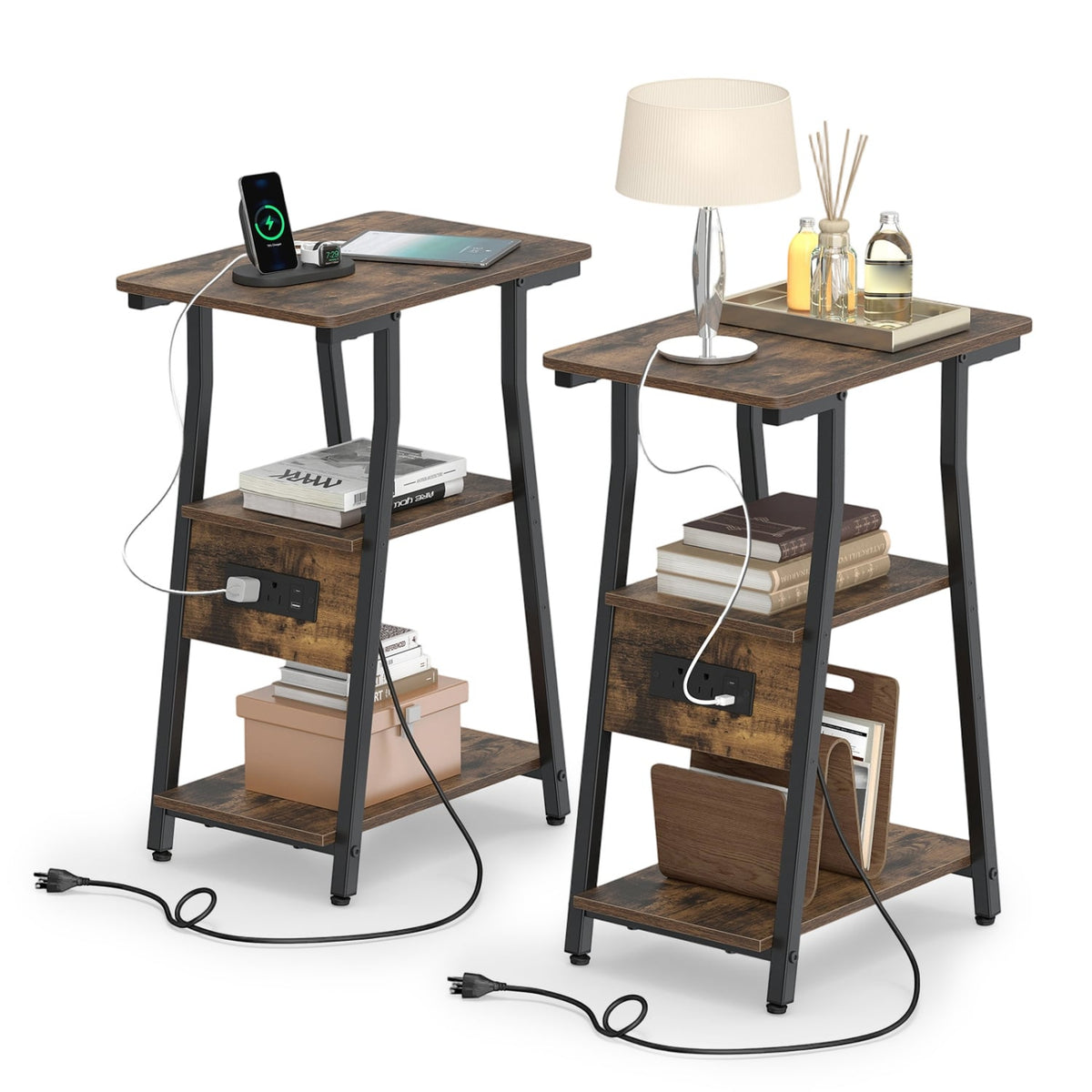 Set of 2 Industrial Side Tables with Charging Station & 3-Tier Shelves for Small Space-Rustic Brown-End & Side Tables-DECOROLALA
