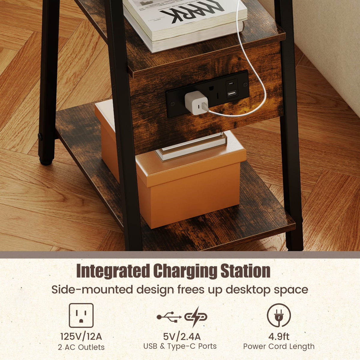 Set of 2 Industrial Side Tables with Charging Station & 3-Tier Shelves for Small Space-Rustic Brown-End & Side Tables-DECOROLALA