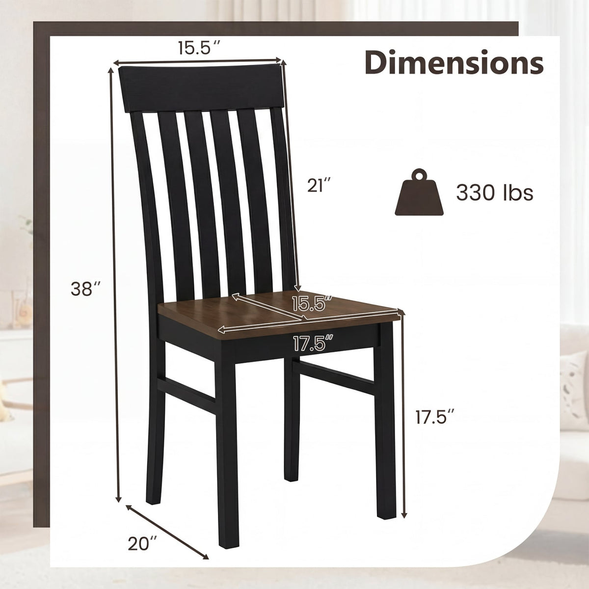 Set of 2 Kitchen Armless Dining Chairs with Slatted High Backrests-Black-Dining Chairs-DECOROLALA