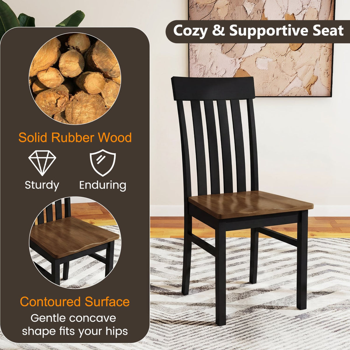 Set of 2 Kitchen Armless Dining Chairs with Slatted High Backrests-Black-Dining Chairs-DECOROLALA