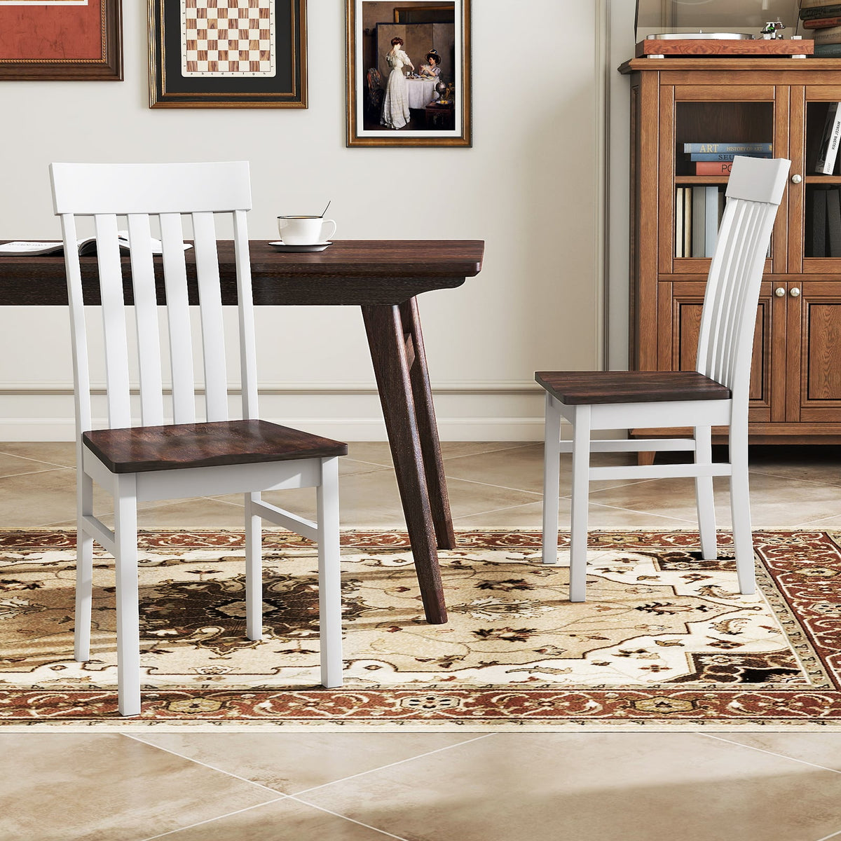 Set of 2 Kitchen Armless Dining Chairs with Slatted High Backrests-White-Dining Chairs-DECOROLALA
