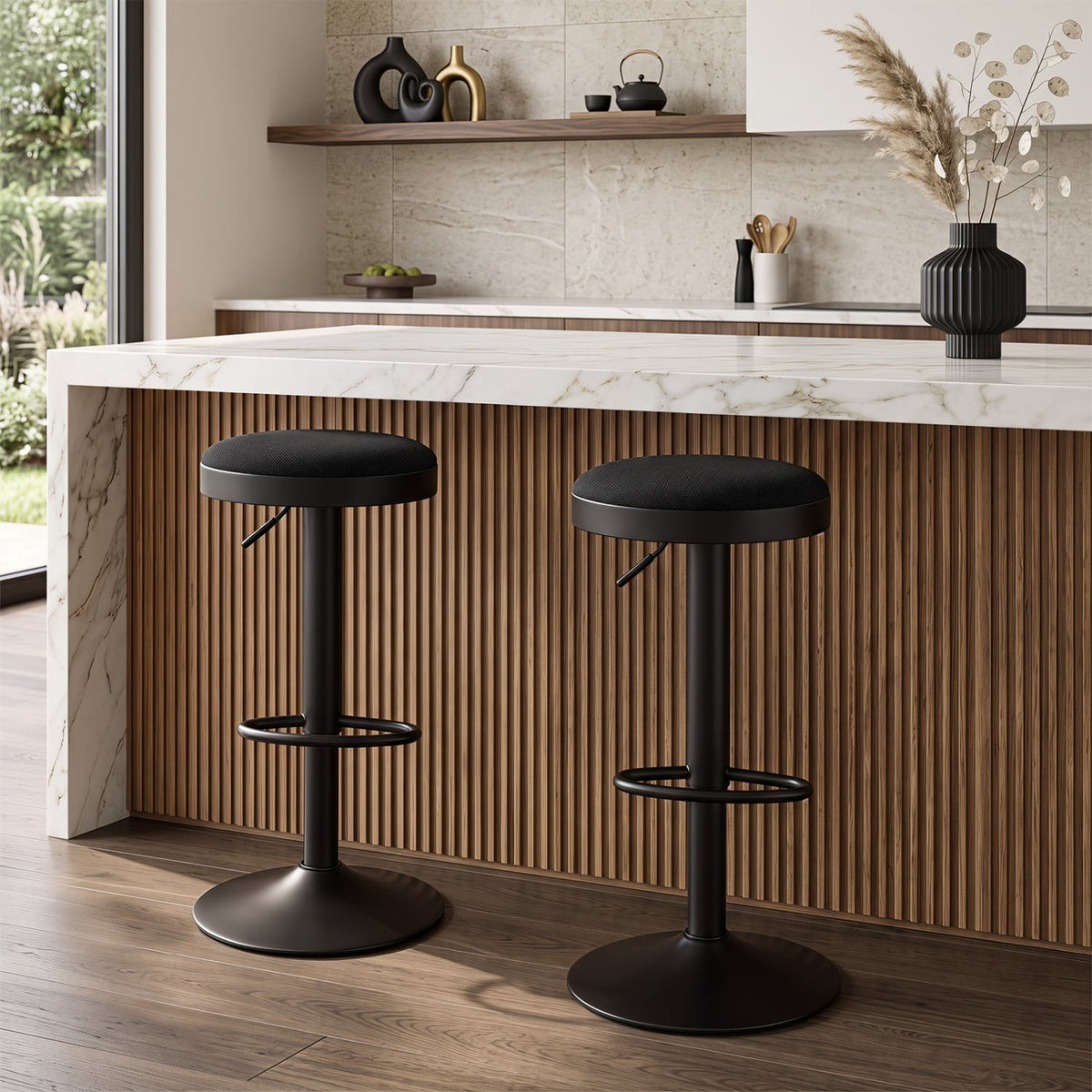 Set of 2 Kitchen Bar Stools with Height Adjustment Padded Seat and D-Shaped Footrest-Black-Bar Stools-DECOROLALA