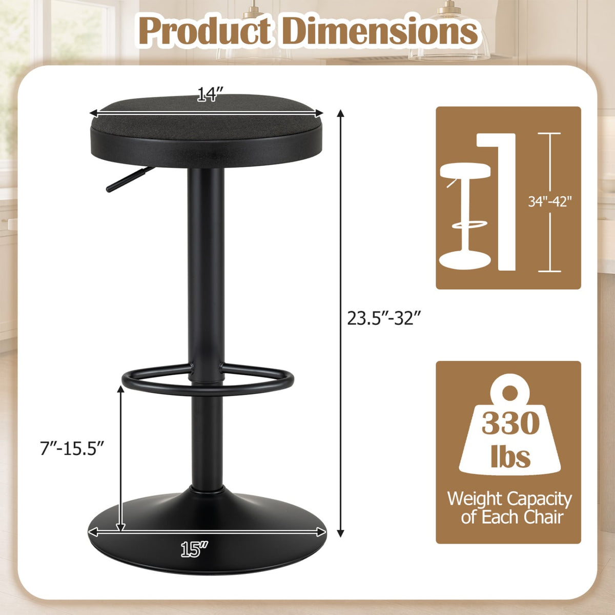 Set of 2 Kitchen Bar Stools with Height Adjustment Padded Seat and D-Shaped Footrest-Black-Bar Stools-DECOROLALA