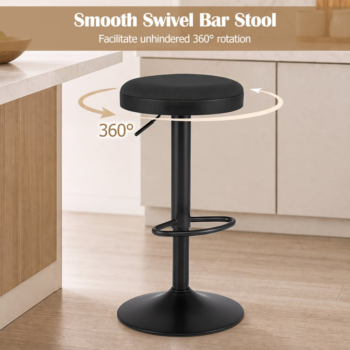 Set of 2 Kitchen Bar Stools with Height Adjustment Padded Seat and D-Shaped Footrest-Black-Bar Stools-DECOROLALA