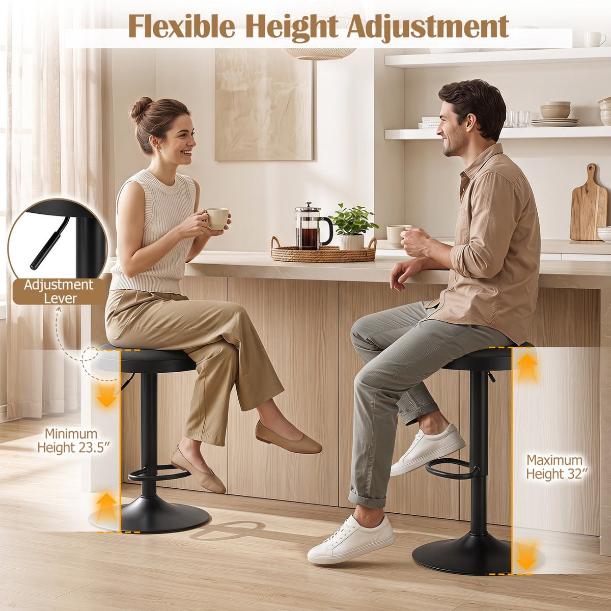 Set of 2 Kitchen Bar Stools with Height Adjustment Padded Seat and D-Shaped Footrest-Black-Bar Stools-DECOROLALA