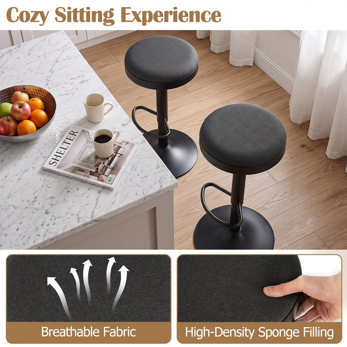 Set of 2 Kitchen Bar Stools with Height Adjustment Padded Seat and D-Shaped Footrest-Black-Bar Stools-DECOROLALA