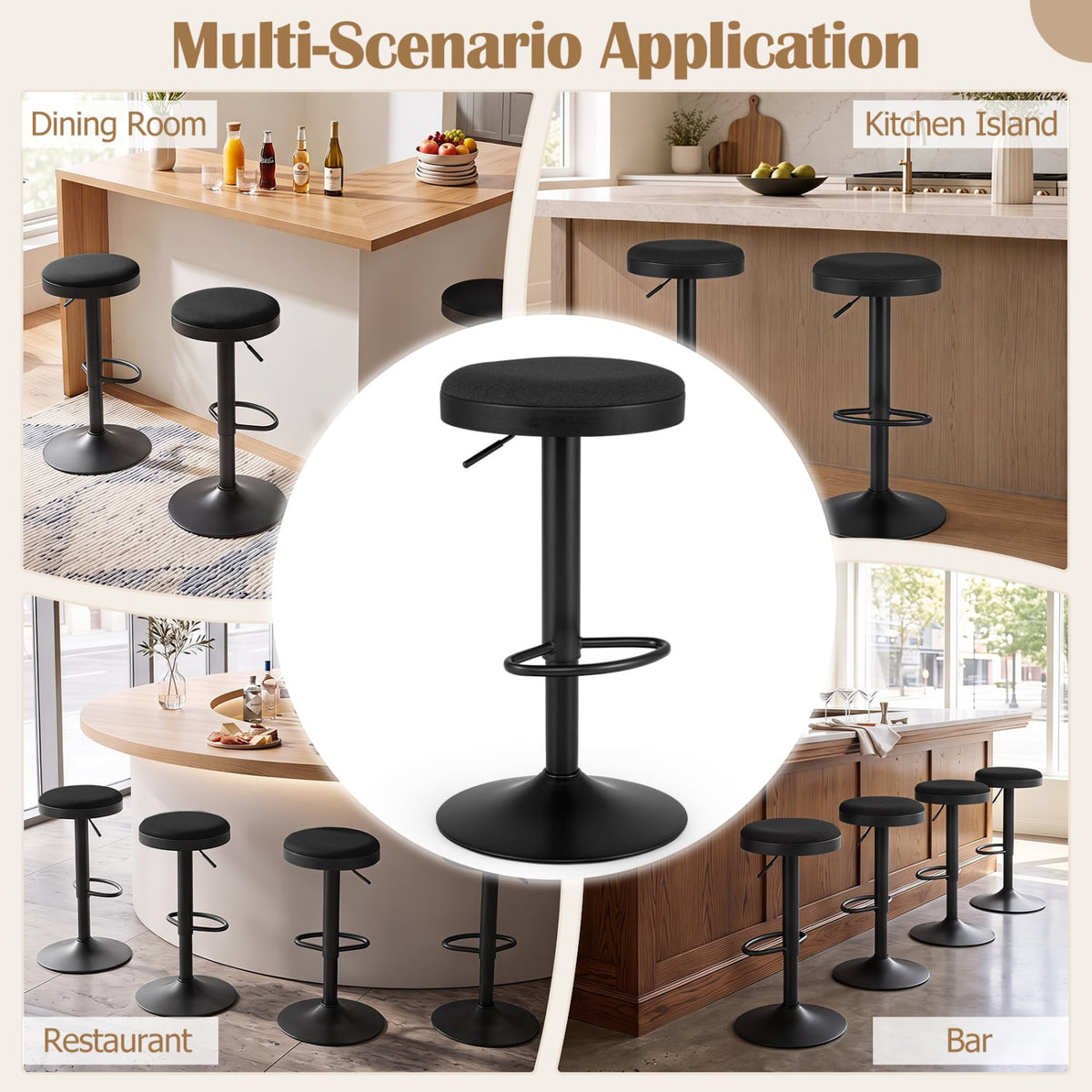 Set of 2 Kitchen Bar Stools with Height Adjustment Padded Seat and D-Shaped Footrest-Black-Bar Stools-DECOROLALA