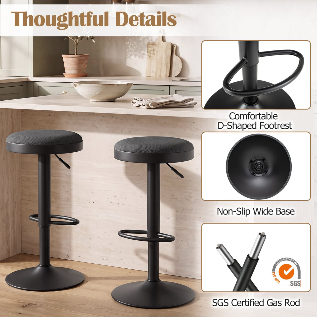 Set of 2 Kitchen Bar Stools with Height Adjustment Padded Seat and D-Shaped Footrest-Black-Bar Stools-DECOROLALA