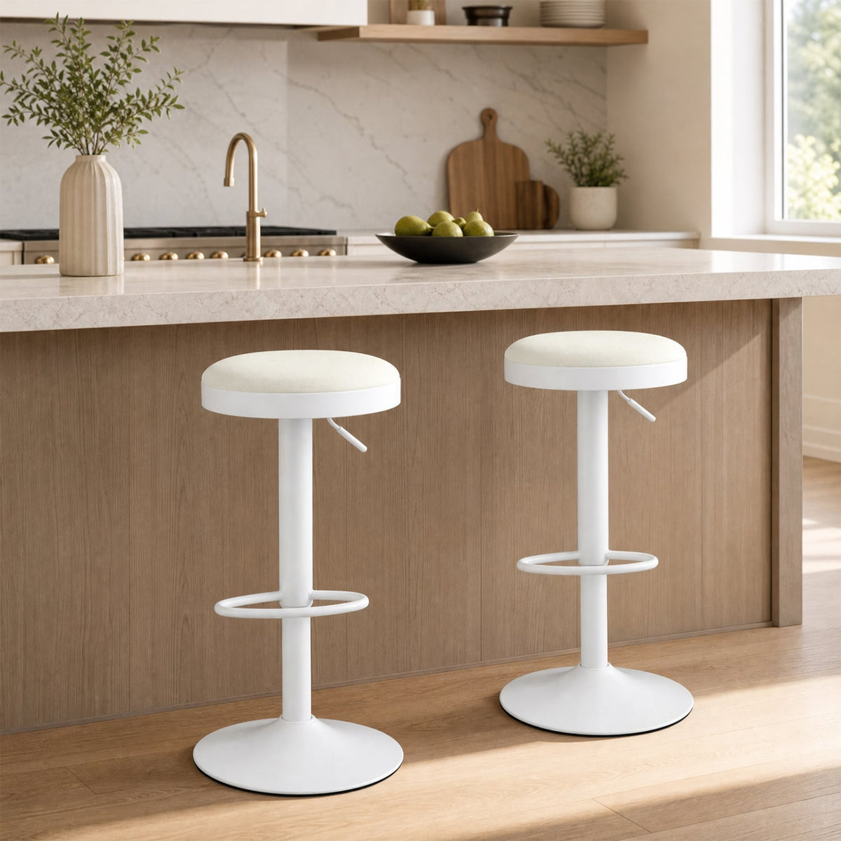 Set of 2 Kitchen Bar Stools with Height Adjustment Padded Seat and D-Shaped Footrest-White-Bar Stools-DECOROLALA