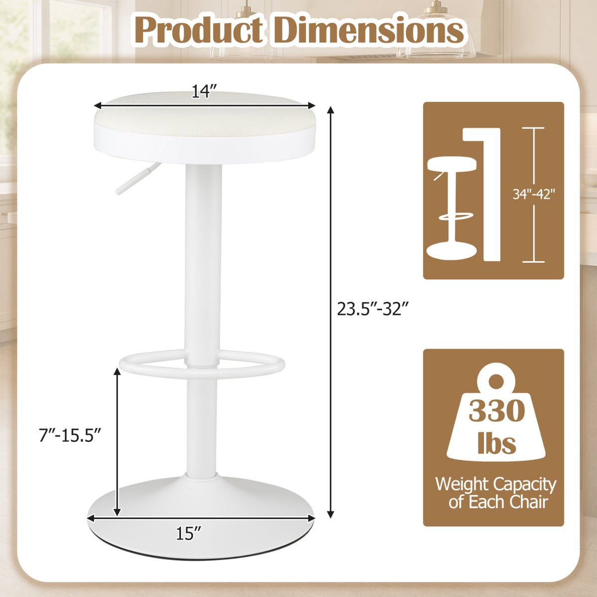 Set of 2 Kitchen Bar Stools with Height Adjustment Padded Seat and D-Shaped Footrest-White-Bar Stools-DECOROLALA